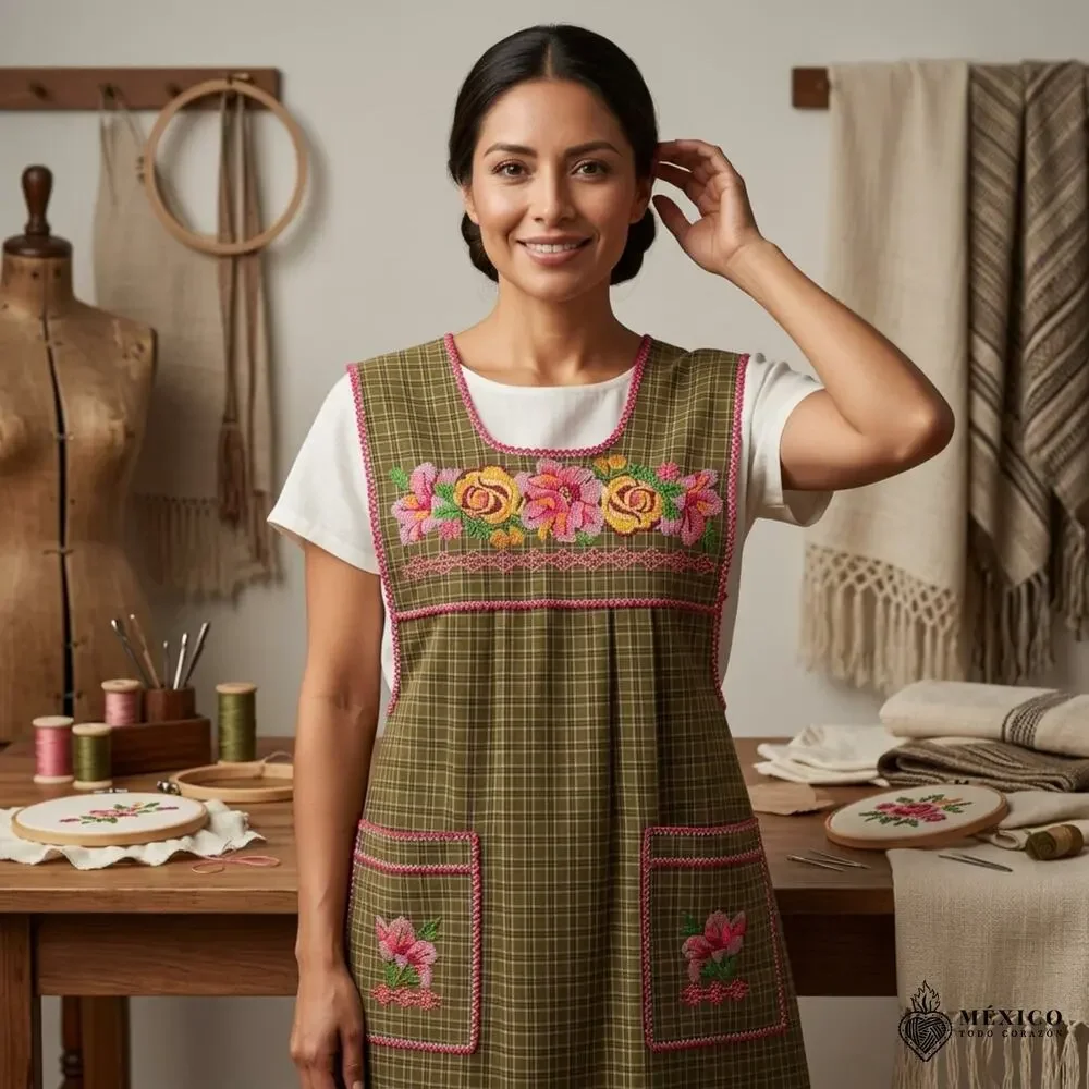 Traditional Mexican Cross-Stitch Embroidered Apron – Deluxe Artisan Smock Style